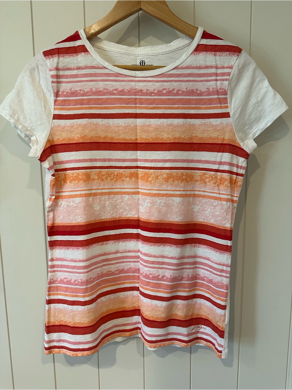 Tommy Hilfiger Women’s Striped T‑Shirt Medium Orange Red Pink White Short Sleeve